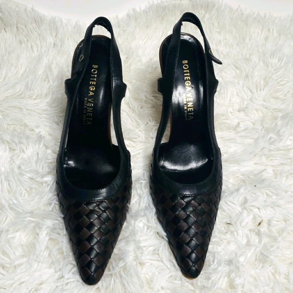 Bottega Veneta Black Woven Leather Pointed Slingback Platforms
